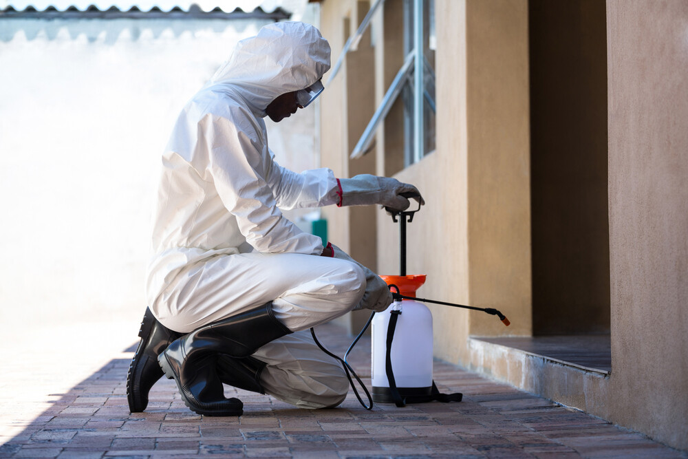 Person in hazmat suit spraying insects